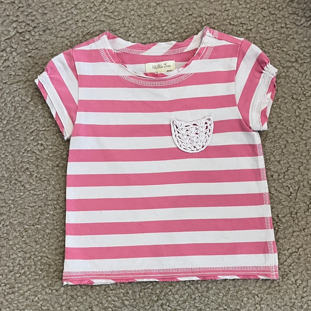 Pink Striped T-Shirt with crochet Pocket